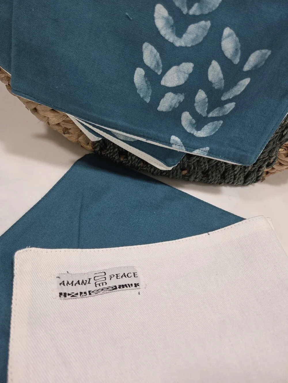 Handsewn Overdyed Artisan Napkin Set - Teal Leaf-Print Cotton - 4 Count